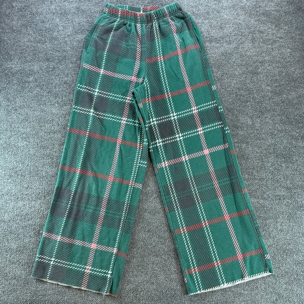 Grayson Threads Womens Green Plaid Wide Leg Fleece Lounge Pants Small Culottes
